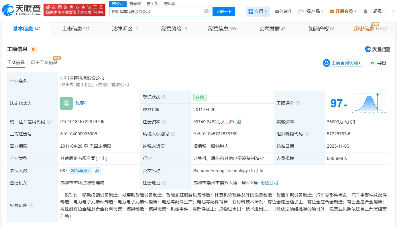 福蓉科技增資至9.97億元 資本擴張助力計算機軟硬件領域新布局